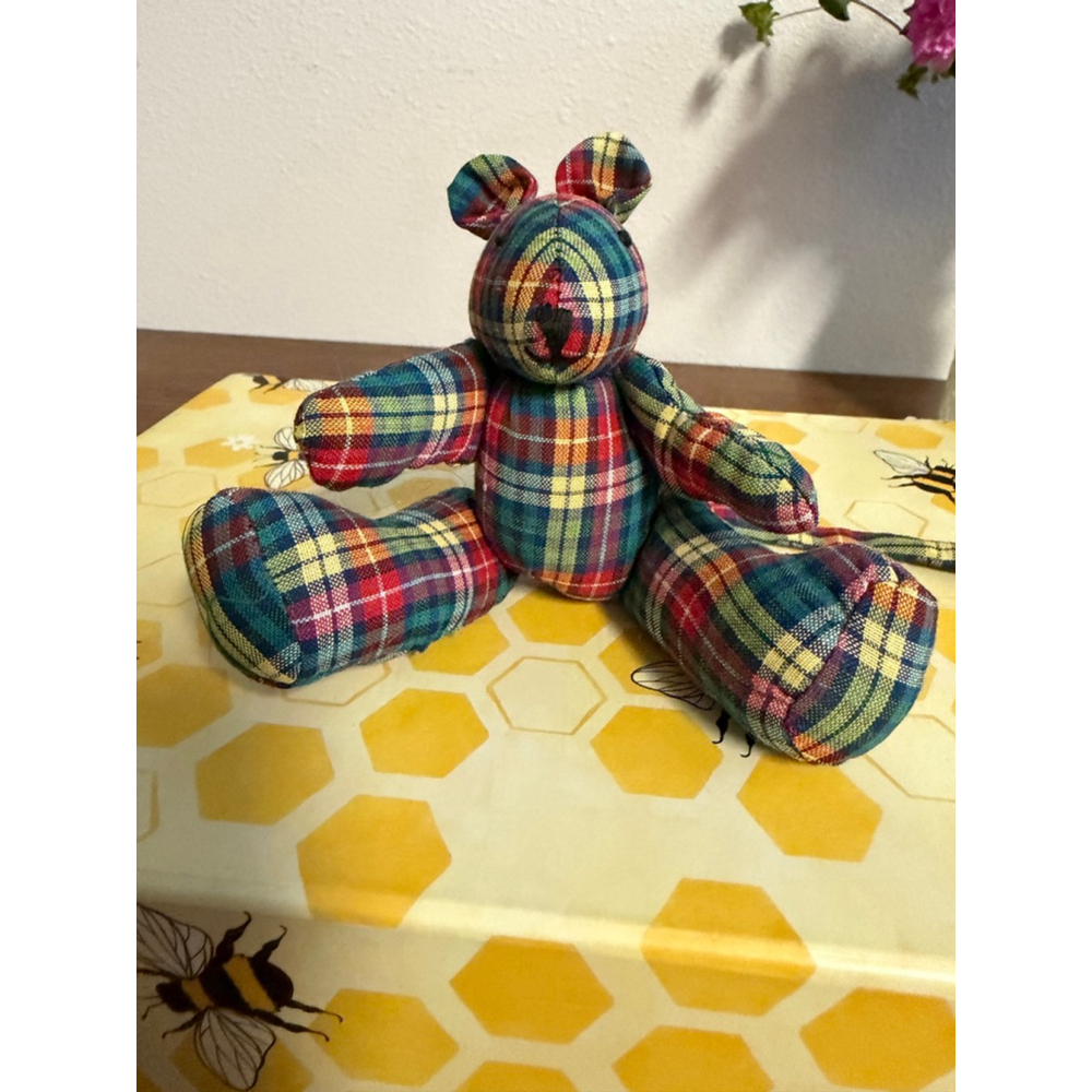 Handmade Plaid Jointed Teddy Bear 6.5” Poseable Button Joints Folk Art Plush